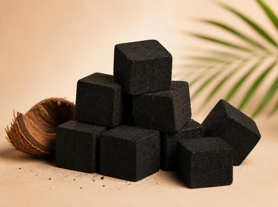 Premium charcoal briquettes stacked in bulk